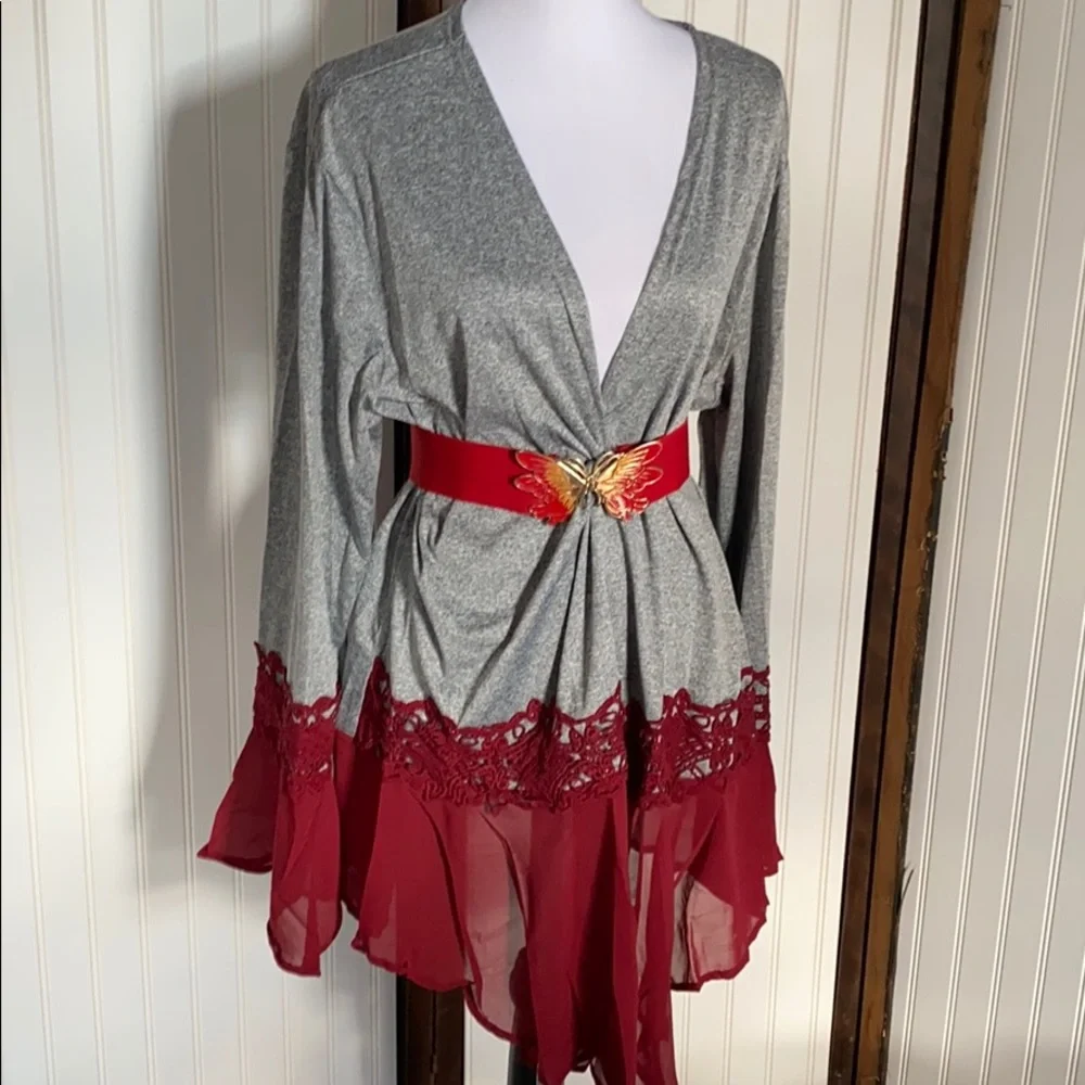 Silky sexy gray and red lace Kimono robe tie waist bell batwing sleeves s m l - Picture 6 of 9